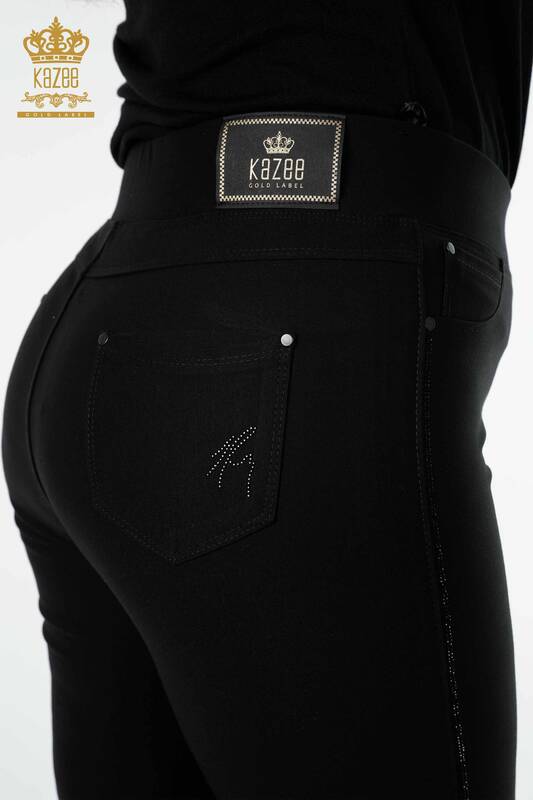 Toptan Kadın Tayt Pantolon Şerit Taş İşlemeli Siyah - 3597 | KAZEE