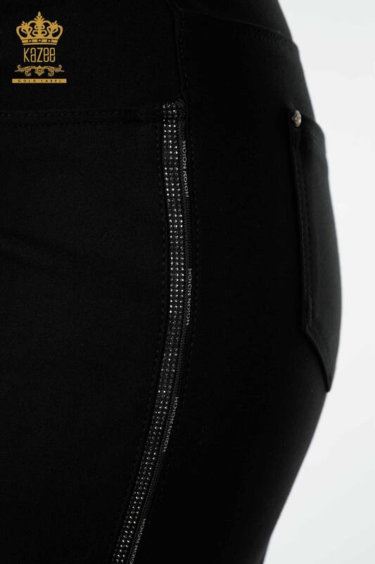 Toptan Kadın Tayt Pantolon Şerit Taş İşlemeli Siyah - 3664 | KAZEE