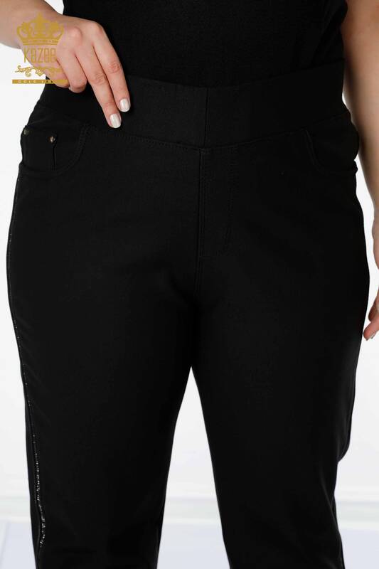 Toptan Kadın Tayt Pantolon Şerit Taş İşlemeli Siyah - 3664 | KAZEE