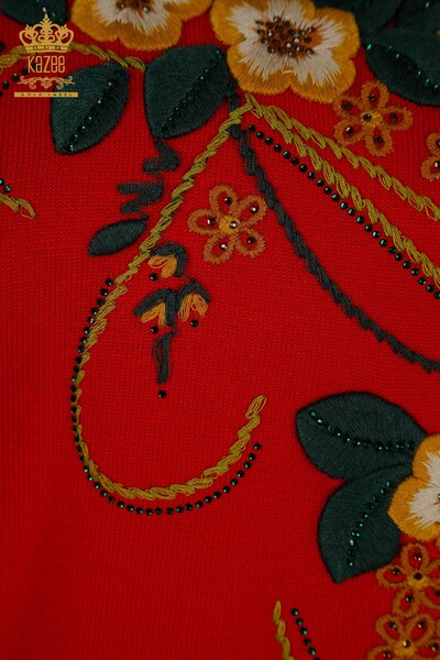 Toptan Kadın Triko Çiçek Desenli Kırmızı - 16811 | KAZEE - Thumbnail