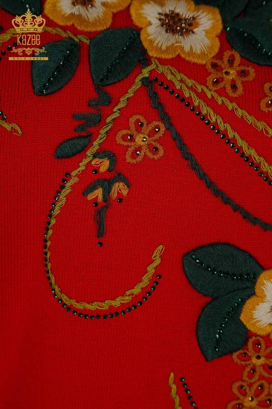 Toptan Kadın Triko Çiçek Desenli Kırmızı - 16811 | KAZEE