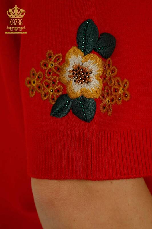 Toptan Kadın Triko Çiçek Desenli Kırmızı - 16811 | KAZEE