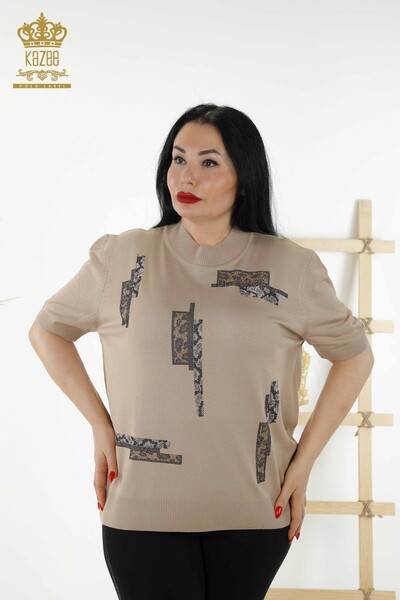 Toptan Kadın Triko Kazak Amerikan Model Bej - 16709 | KAZEE