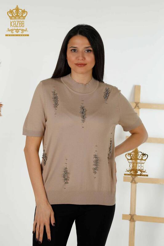 Toptan Kadın Triko Kazak Amerikan Model Bej - 16929 | KAZEE