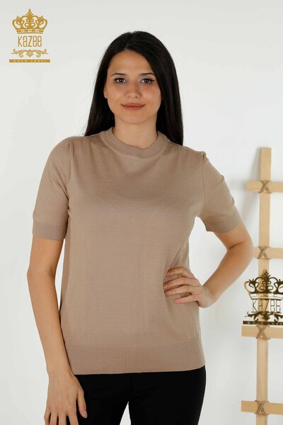 Toptan Kadın Triko Kazak Basic Logolu Bej - 30254 | KAZEE 