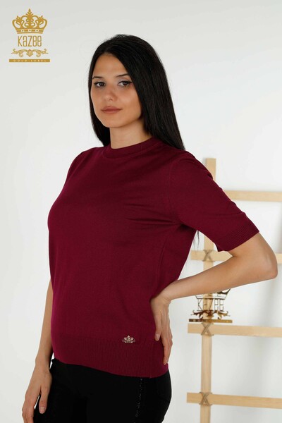 Toptan Kadın Triko Kazak Basic Logolu Eflatun - 30254 | KAZEE 