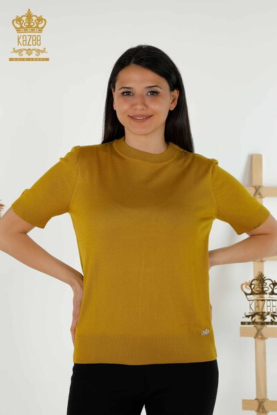 Toptan Kadın Triko Kazak Basic Logolu Hardal - 30254 | KAZEE 