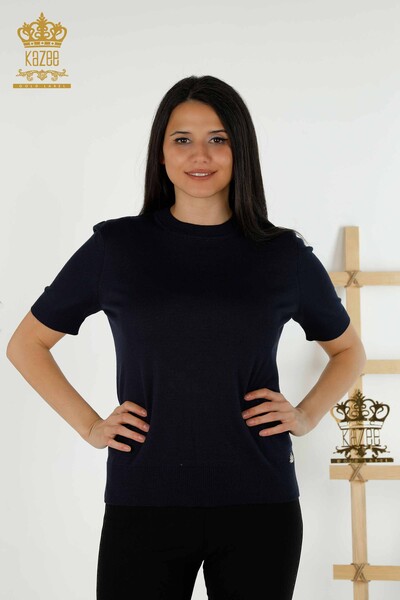 Toptan Kadın Triko Kazak Basic Logolu Lacivert - 30254 | KAZEE 