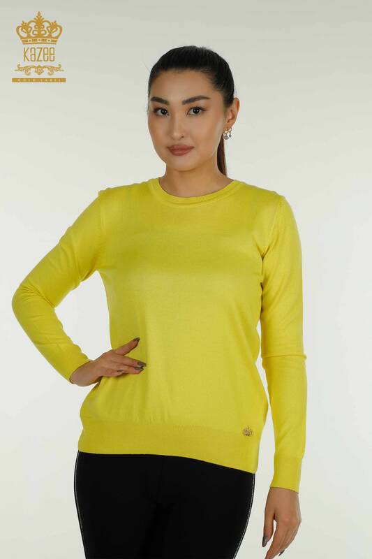 Toptan Kadın Triko Kazak Basic Logolu Sarı - 11052 | KAZEE