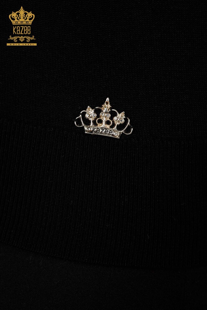 Toptan Kadın Triko Kazak Basic Logolu Siyah - 30181 | KAZEE - 4