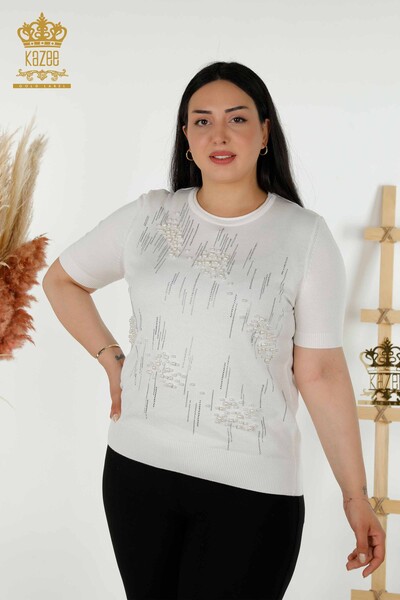 Toptan Kadın Triko Kazak Boncuk Taş İşlemeli Ekru - 30117 | KAZEE 