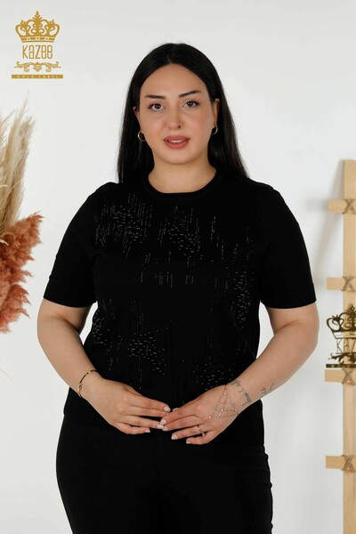Toptan Kadın Triko Kazak Boncuk Taş İşlemeli Siyah - 30117 | KAZEE