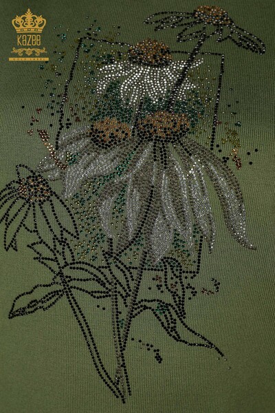 Toptan Kadın Triko Kazak Çiçek Desenli Haki - 16963 | KAZEE - Thumbnail