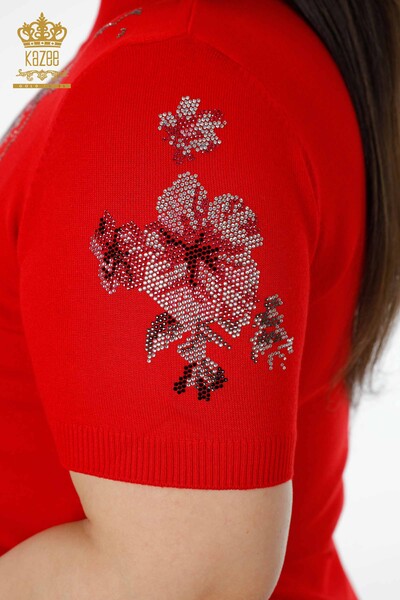 Toptan Kadın Triko Kazak Çiçek Desenli Kırmızı - 16749 | KAZEE - Thumbnail
