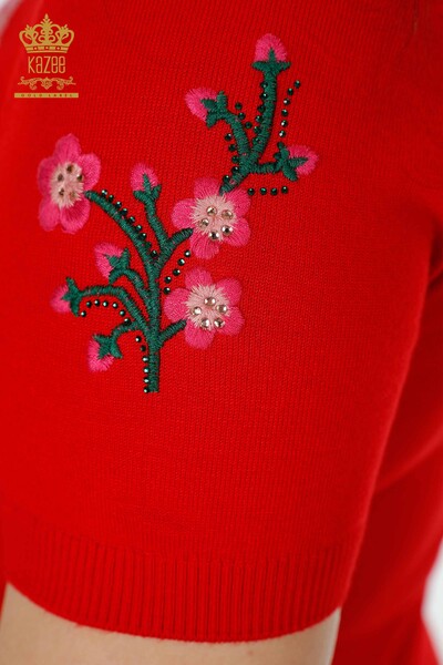 Toptan Kadın Triko Kazak Çiçek Desenli Kırmızı - 16769 | KAZEE - Thumbnail