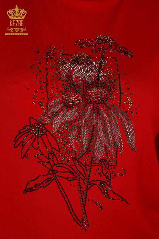 Toptan Kadın Triko Kazak Çiçek Desenli Kırmızı - 16963 | KAZEE