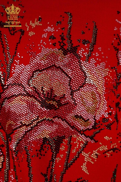 Toptan Kadın Triko Kazak Çiçek Desenli Kırmızı - 30214 | KAZEE - Thumbnail