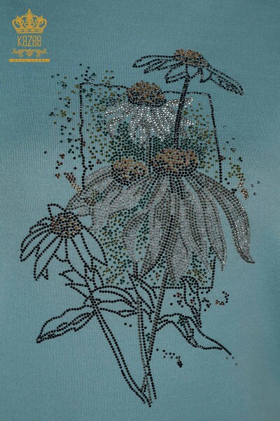 Toptan Kadın Triko Kazak Çiçek Desenli Mint - 16963 | KAZEE - Thumbnail