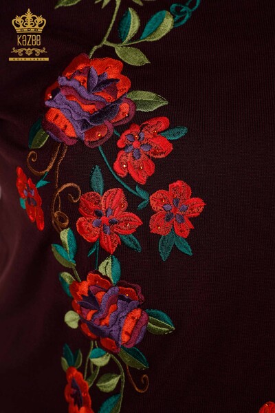 Toptan Kadın Triko Kazak Çiçek Desenli Mürdüm - 15876 | KAZEE - Thumbnail