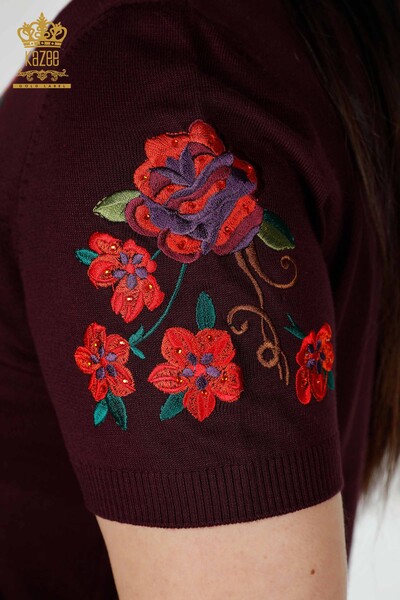 Toptan Kadın Triko Kazak Çiçek Desenli Mürdüm - 15876 | KAZEE - Thumbnail