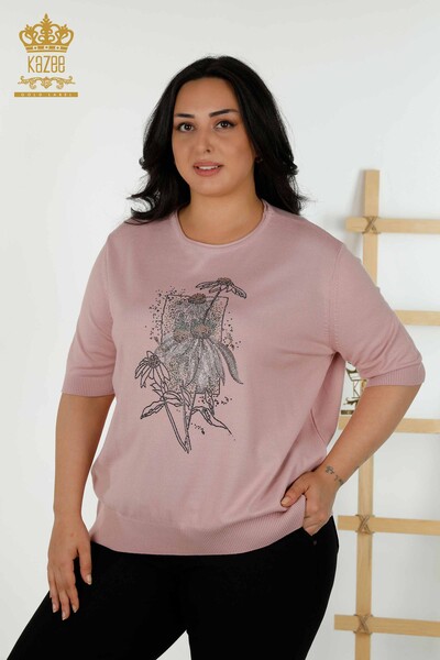 Toptan Kadın Triko Kazak Çiçek Desenli Pudra - 16963 | KAZEE 