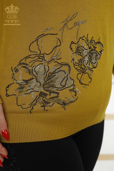 Toptan Kadın Triko Kazak Çiçek Desenli Safran - 30152 | KAZEE - Thumbnail
