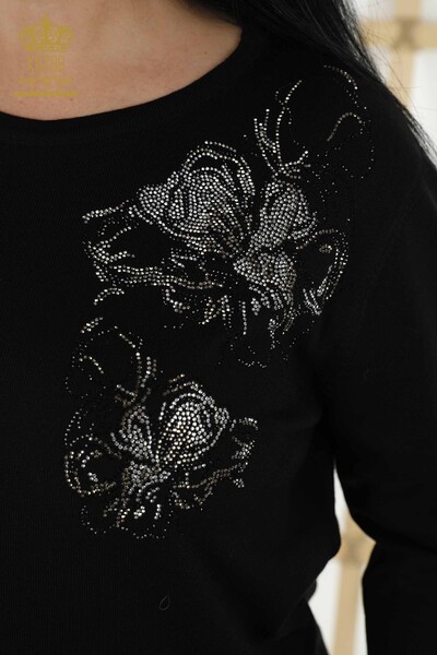 Toptan Kadın Triko Kazak Çiçek Desenli Siyah - 30152 | KAZEE - Thumbnail