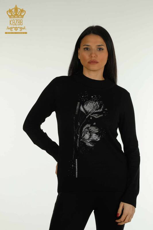 Toptan Kadın Triko Kazak Çiçek Desenli Siyah - 30656 | KAZEE