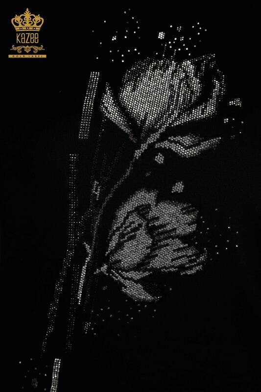 Toptan Kadın Triko Kazak Çiçek Desenli Siyah - 30656 | KAZEE