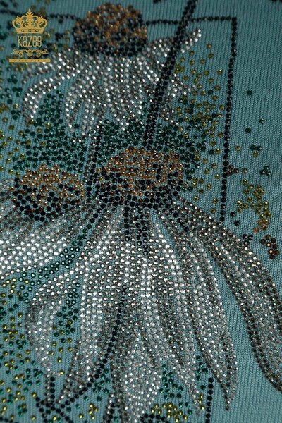 Toptan Kadın Triko Kazak Çiçek İşlemeli Mint - 30612 | KAZEE - Thumbnail