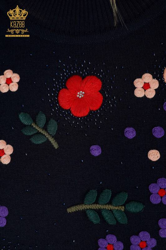 Toptan Kadın Triko Kazak Çiçek Nakış İşlemeli Lacivert - 16760 | KAZEE