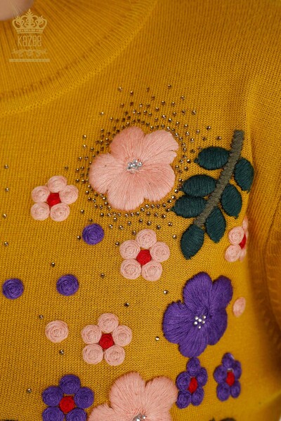 Toptan Kadın Triko Kazak Çiçek Nakış İşlemeli Safran - 16760 | KAZEE - Thumbnail