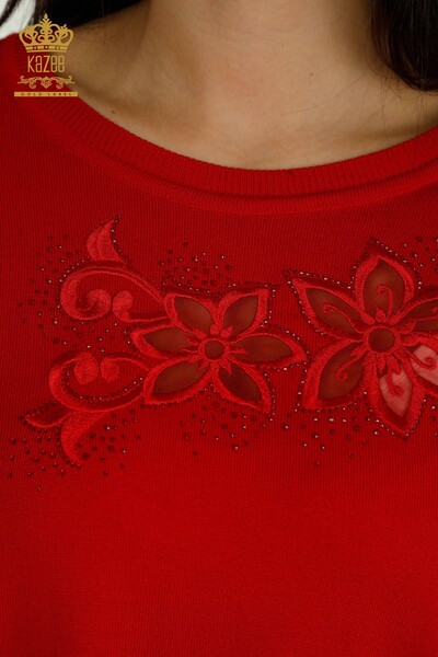 Toptan Kadın Triko Kazak Çiçek Nakışlı Kırmızı - 30527 | KAZEE - Thumbnail (2)