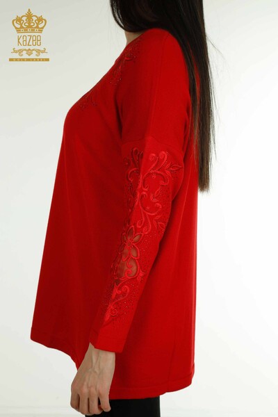 Toptan Kadın Triko Kazak Çiçek Nakışlı Kırmızı - 30527 | KAZEE - Thumbnail