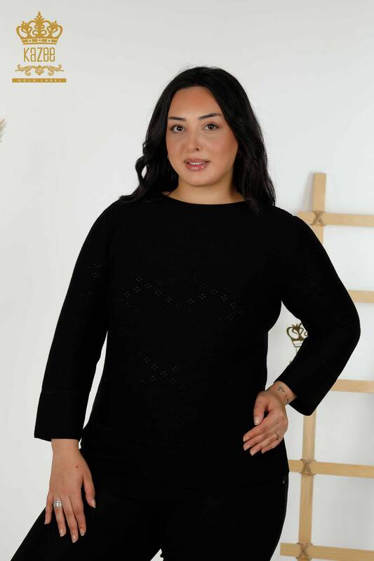 Toptan Kadın Triko Kazak Delik Detaylı Siyah - 30083 | KAZEE