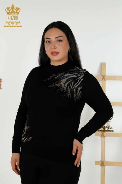 Toptan Kadın Triko Kazak Desenli Siyah - 30005 | KAZEE - Thumbnail