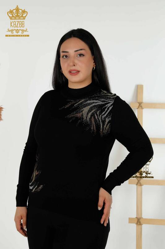 Toptan Kadın Triko Kazak Desenli Siyah - 30005 | KAZEE