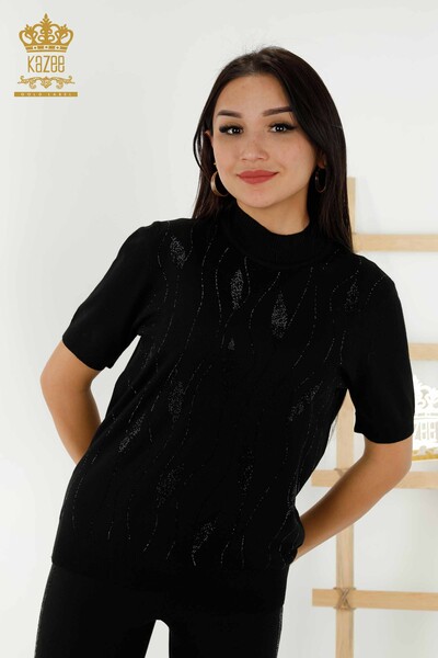 Toptan Kadın Triko Kazak Desenli Siyah - 30182 | KAZEE - Thumbnail