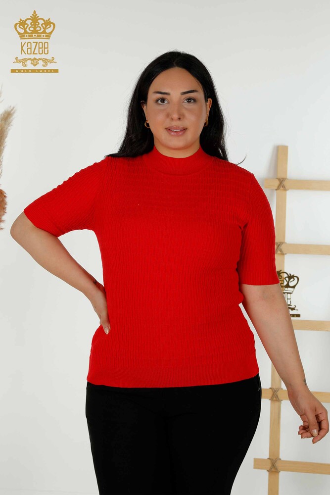 Toptan Kadın Triko Kazak Dik Yaka Kırmızı - 30338 | KAZEE - 1