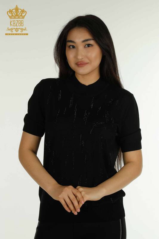 Toptan Kadın Triko Kazak Dik Yaka Siyah - 30599 | KAZEE