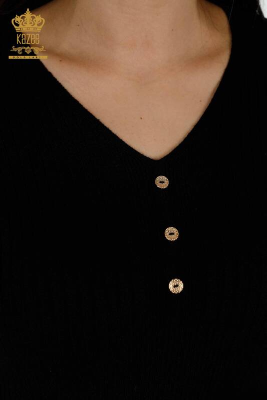 Toptan Kadın Triko Kazak Düğme Detaylı Siyah - 30043 | KAZEE