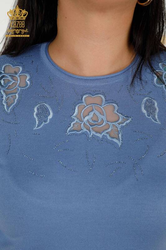 Toptan Kadın Triko Kazak Gül Desenli Mavi - 16845 | KAZEE