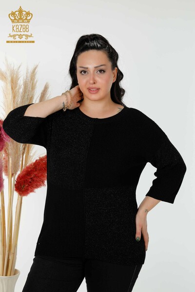 Toptan Kadın Triko Kazak İki Renkli Siyah - 30093 | KAZEE - Thumbnail