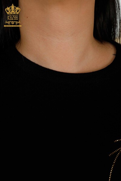 Toptan Kadın Triko Kazak Kol Detaylı Siyah - 30030 | KAZEE - Thumbnail