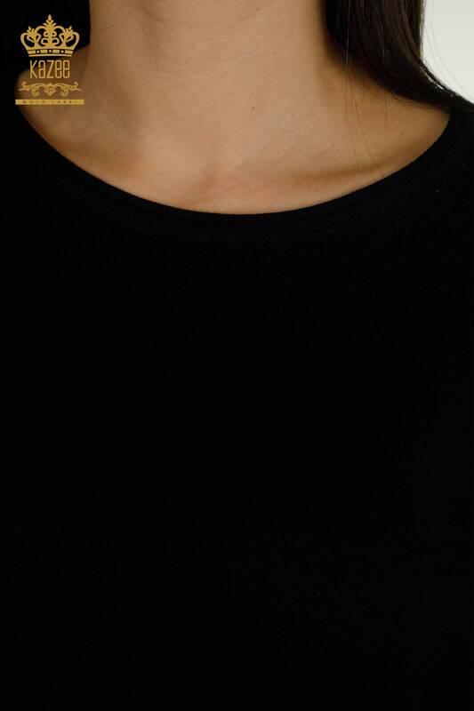 Toptan Kadın Triko Kazak Kol Gül Detaylı Siyah - 15374 | KAZEE