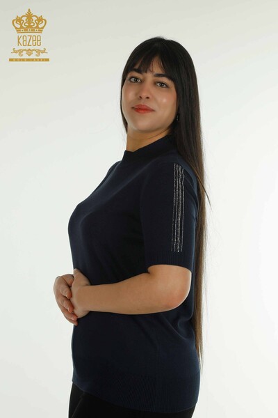 Toptan Kadın Triko Kazak Kol Taş İşlemeli Lacivert - 30552 | KAZEE - Thumbnail