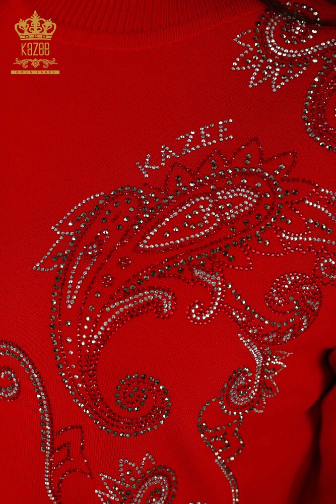 Toptan Kadın Triko Kazak Kristal Taş İşlemeli Kırmızı - 30013 | KAZEE - 3