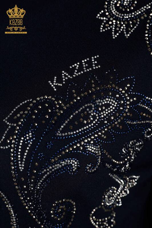 Toptan Kadın Triko Kazak Kristal Taş İşlemeli Lacivert - 30013 | KAZEE