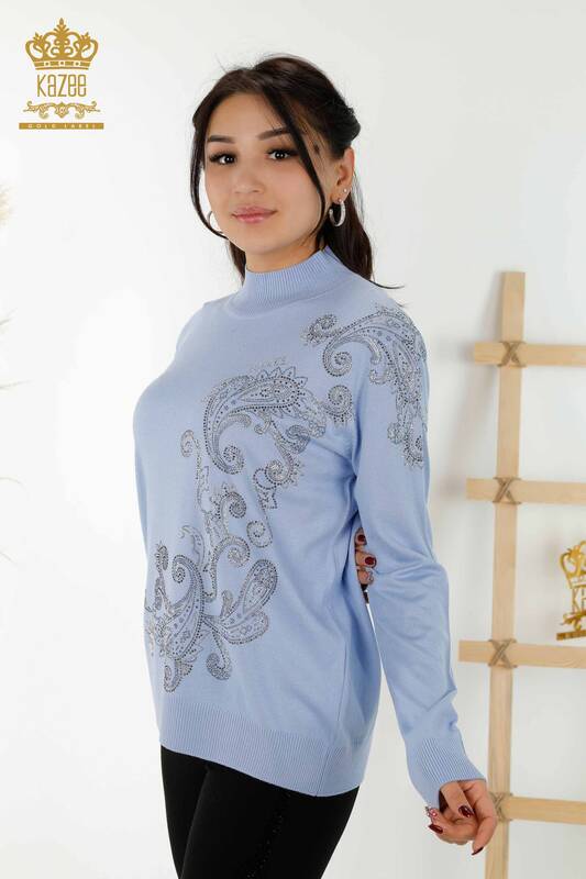 Toptan Kadın Triko Kazak Kristal Taş İşlemeli Mavi - 30013 | KAZEE