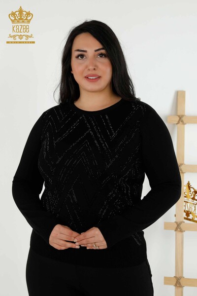 Toptan Kadın Triko Kazak Kristal Taş İşlemeli Siyah - 16725 | KAZEE - Thumbnail